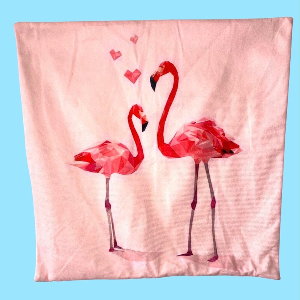 Soft Throw Pillow Cushion Cover Square With Zip Close Pink Flamingo Love Hearts - Picture 7 of 7